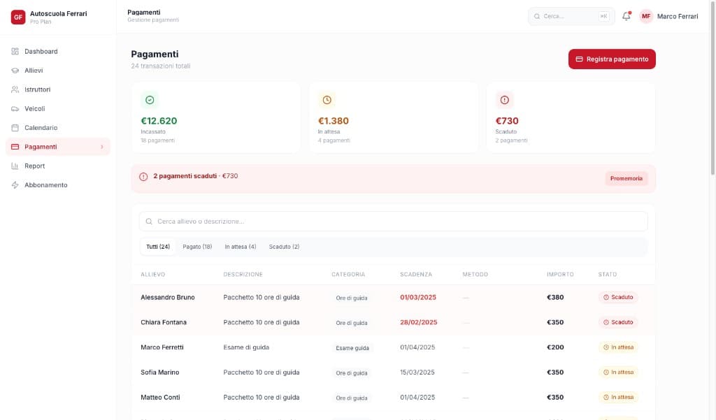 Registro pagamenti e gestione incassi