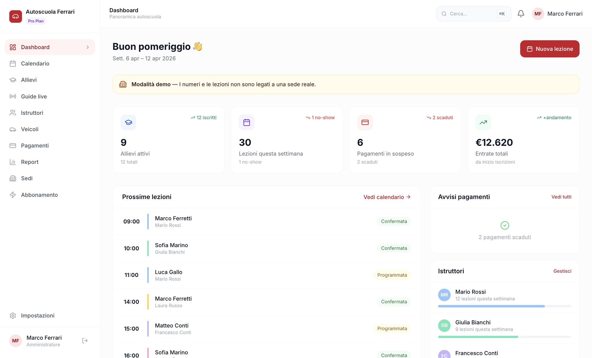 Anteprima dashboard GuidaFlow — gestionale autoscuola