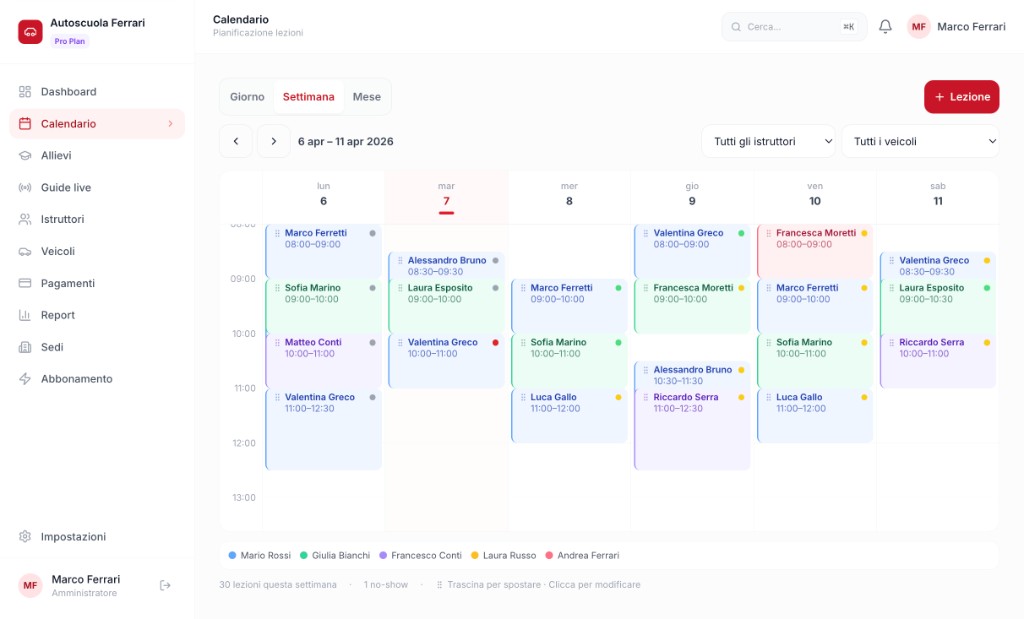Calendario GuidaFlow — pianificazione lezioni in vista settimanale